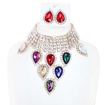 DAZZELING ADJUSTABLE CHOKER BIB NECKLACE EARRING SET