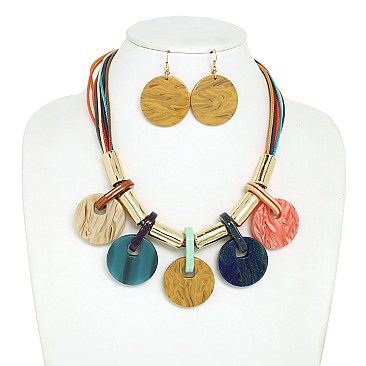 Disc Fringe Beaded Cord Bib Necklace Set