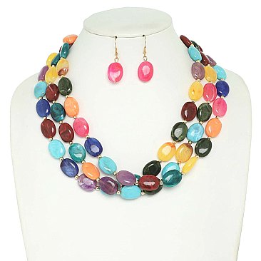 3 LINE LAYERED NATURAL GEMSTONE BEAD NECKLACE SET