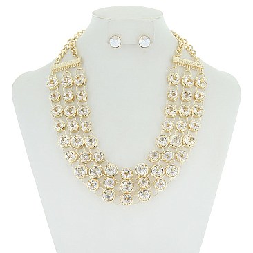 TRIPLE LAYERED RHINESTONES STATEMENT NECKLACE SET MEZN1499