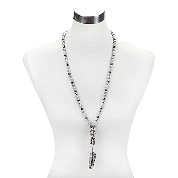 Fashionable Long Beaded Nk W/ Feather Pendant SLN1599