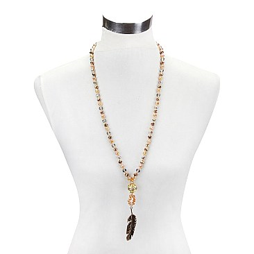 Fashionable Long Beaded Nk W/ Feather Pendant SLN1599