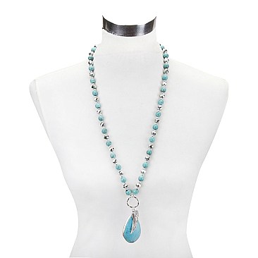 Trendy Long Beaded Necklace  With Turquoise Pendant