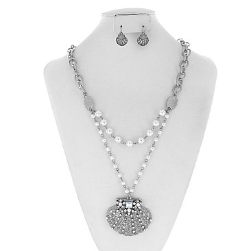 TRENDY CLAM SHELL PENDANT PEARL NECKLACE SET SLN1766