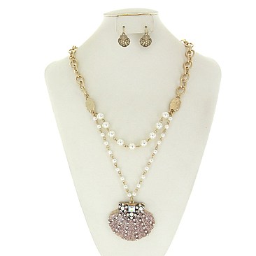 TRENDY CLAM SHELL PENDANT PEARL NECKLACE SET SLN1766