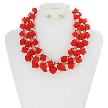 TRENDY ACRYLIC SQ BEADS AND ROUND BEAD NECKLACE SET SLN1927