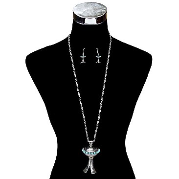 TRENDY SQUASH BLOSSOM TURQUOISE PENDANT NECKLACE SET 27"+ 3" EXT SLN1946