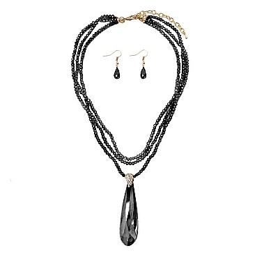 LRG STONE PENDANT BEADED NECKLACE SET