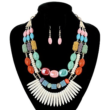 CHIC 3-LINE MULTI-BEADS FASHION NECKLACE SET