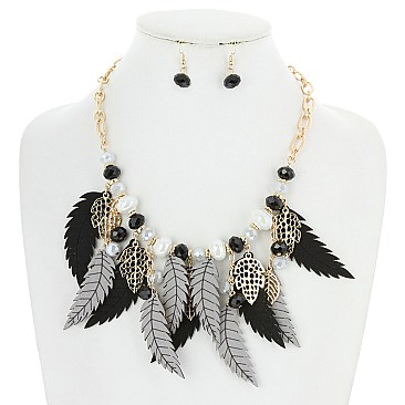 BEADS AND FEATHER DROP NECKLACE SET