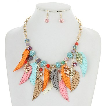 BEADS AND FEATHER DROP NECKLACE SET