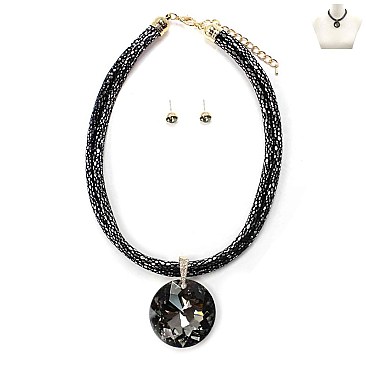 BIG RHINESTONE PENDANT CORD NECKLACE SET