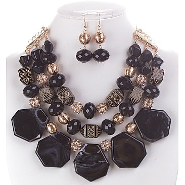 BIG BEADS AND NUTS 3LINE NECKLACE SET