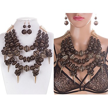 3LINES BEADS AND NUTS NECKLACE SET