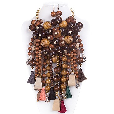 LUSH WOOD BEADS TASSELED NECKLACE SET