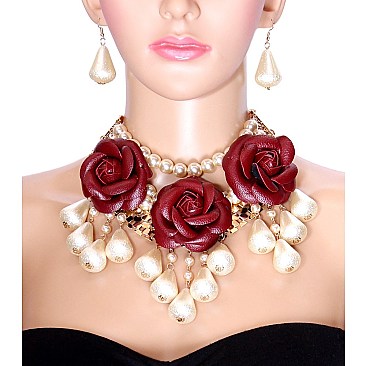 LRG ROSES PEARLS AND GEMS NECKLACE SET