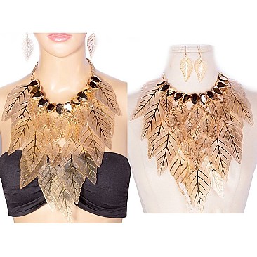 LRG DROP LEAVES BIB NECKLACE SET