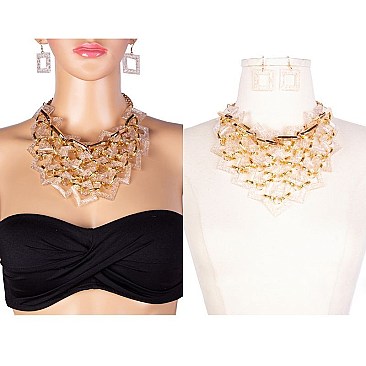 MULTI-LAYERED CLEAR SQUARES BIB NECKLACE SET