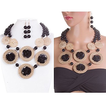 RATTAN AND FLOWER COLLAR NECKLACE SET