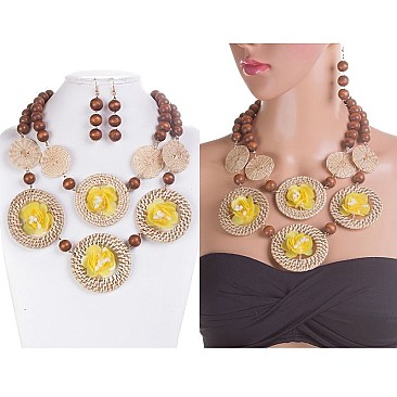 RATTAN AND FLOWER COLLAR NECKLACE SET