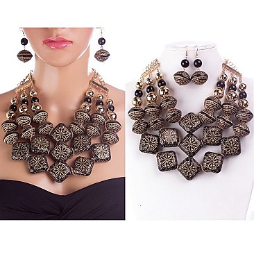TRIBAL 3-LINE BEAD CHARMS COLLAR NECKLACE SET