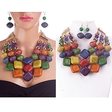 TRIBAL 3-LINE BEAD CHARMS COLLAR NECKLACE SET