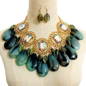 CHUNKY RINGS AND STONES FASHION NECKLACE SET