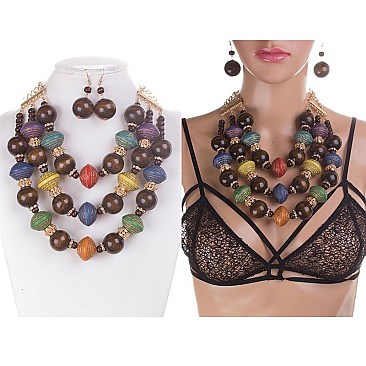 ETHNIC COLOR WOOD BEADS NECKLACE SET