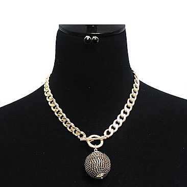 RHINESTONED BALL PENDANT CHAIN NECKLACE SET