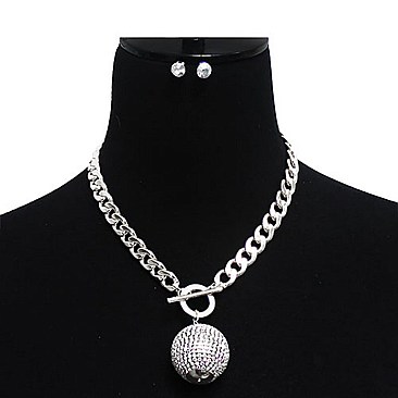 RHINESTONED BALL PENDANT CHAIN NECKLACE SET