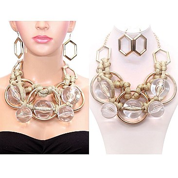 CHUNKY BEADS AND RINGS ROPED NECKLACE SET