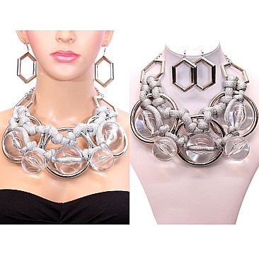 CHUNKY BEADS AND RINGS ROPED NECKLACE SET