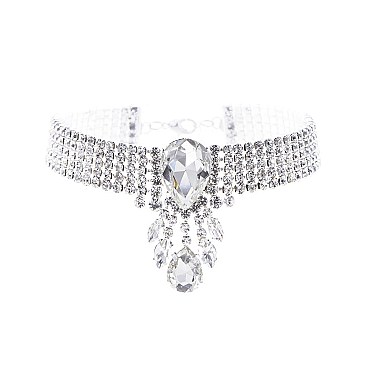 Stylish 5 Line Rhinestone Choker W/ Drop