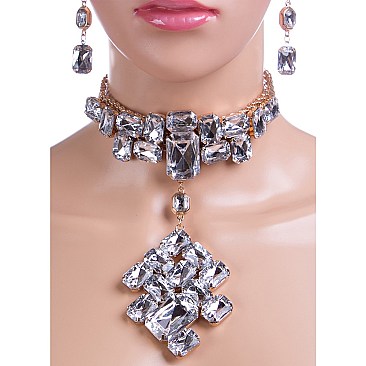 RHINESTONE CHOKER DROP NECKLACE SET