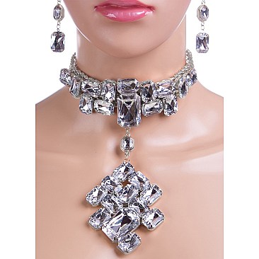 RHINESTONE CHOKER DROP NECKLACE SET