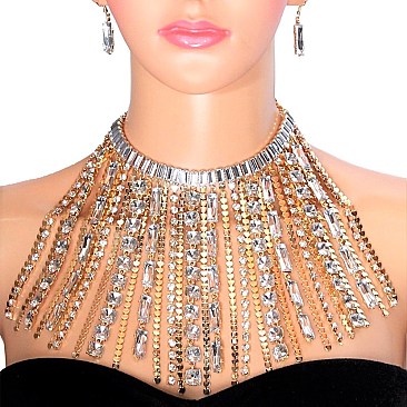 RHINESTONE CHOKER DROP NECKLACE SET