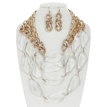 GOLD CHAIN WITH CLEAR CHUNKY STONES  AND EARRINGS SET