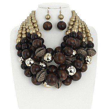 STYLISH WOOD METAL BALL NECKLACE