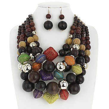 TRIBAL WOOD AND GOLD BALL NECKLACE