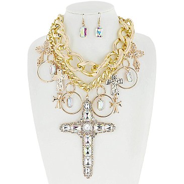 STYLISH GEM STONE CROSS MULTI CHARM MULTI LAYERED CHAIN CHUNKY NECKLACE AND EARRINGS SET