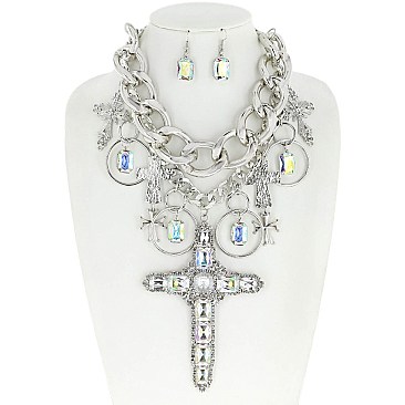 STYLISH GEM STONE CROSS MULTI CHARM MULTI LAYERED CHAIN CHUNKY NECKLACE AND EARRINGS SET