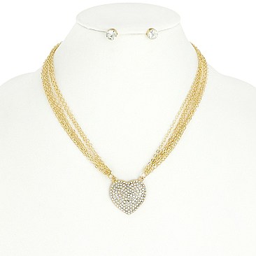 Crystal Heart Pendant with Multi Chain Necklace Set