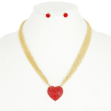 Crystal Heart Pendant with Multi Chain Necklace Set