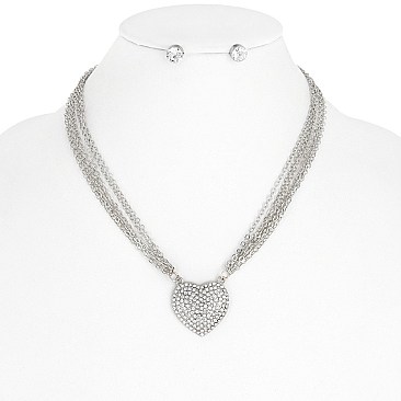 Crystal Heart Pendant with Multi Chain Necklace Set
