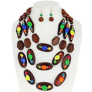 ENCHANTING MULTI WOOD NECKLACE AND EARRINGS SET