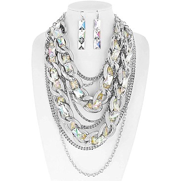 TRENDY MULTI LAYERED CHAIN AND GEM STONE CHUNKY NECKLACE AND EARRINGS SET