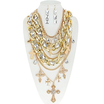 FASHIONABLE GEM STONE CROSS MULTI CHARM MULTI LAYERED CHAIN CHUNKY NECKLACE AND EARRINGS SET