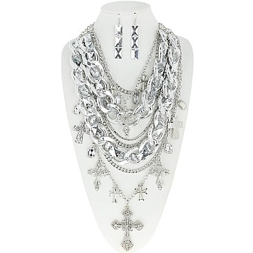FASHIONABLE GEM STONE CROSS MULTI CHARM MULTI LAYERED CHAIN CHUNKY NECKLACE AND EARRINGS SET