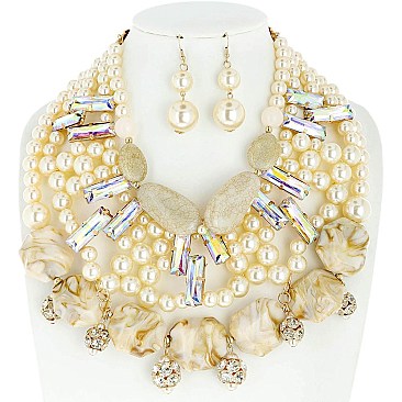 STYLISH CHUNKY AGATE STONE PEARL BIB STATEMENT NECKLACE AND EARRINGS SET