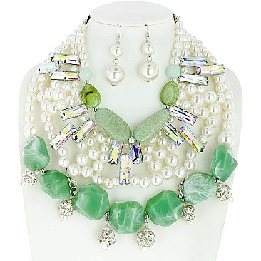STYLISH CHUNKY AGATE STONE PEARL BIB STATEMENT NECKLACE AND EARRINGS SET
